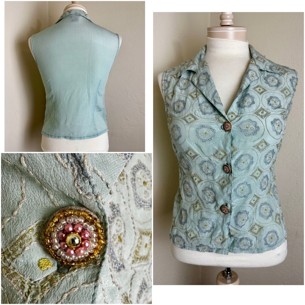 Paul Ropp Blue Green Silk Embroidered Beaded Button Up Shirt Top Vest Sz M VGUC